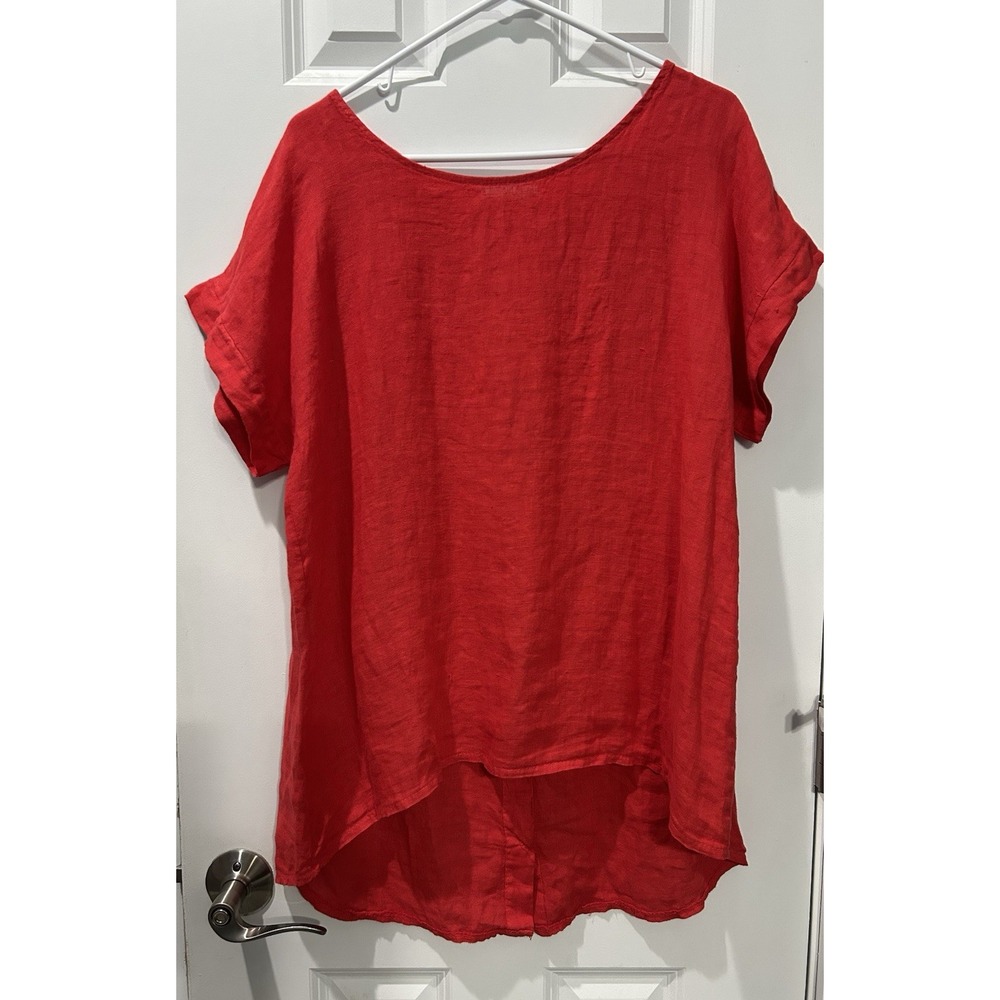 Terzo Millennio Italy ART 100% Linen Short Sleeve Button Back Top Women M Orange